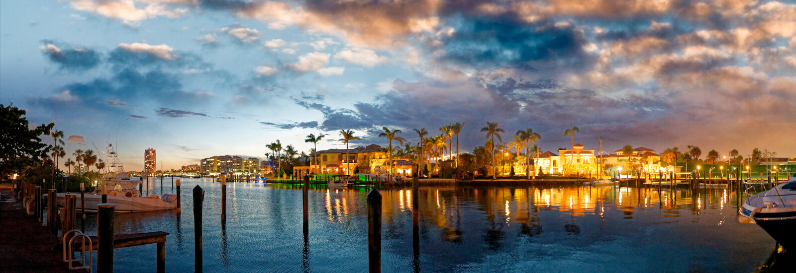 waterfront properties at dusk